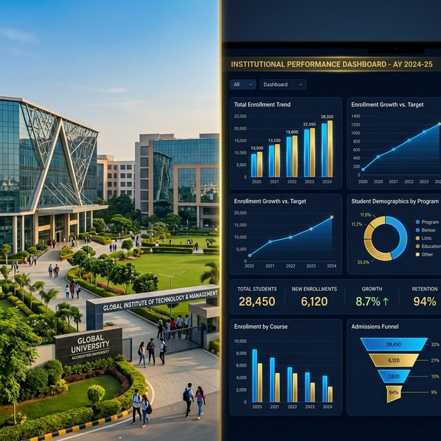 Modern college campus and digital dashboard
